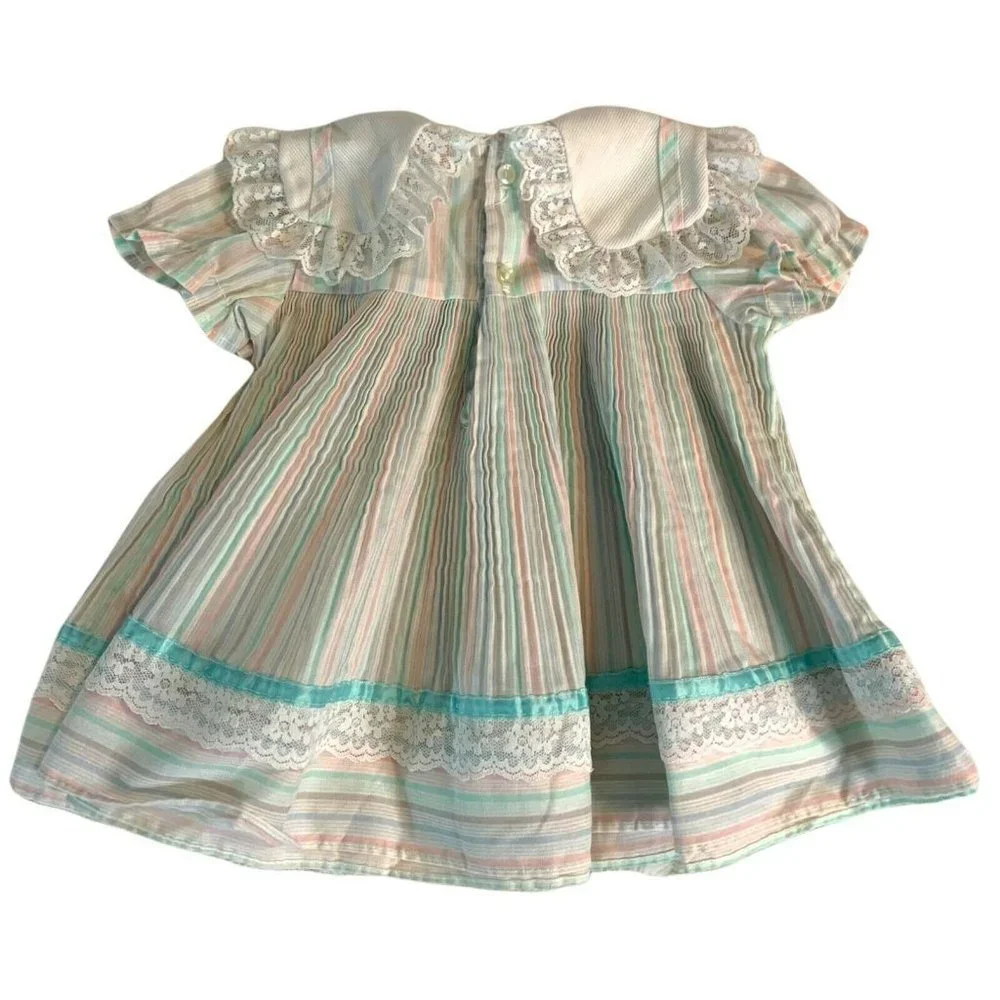 Vintage 80s Baby Girl 12 Month‎ Party Bib Dress Striped Easter Pastel Bows Lace